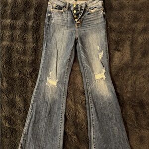 Judy Blue Distressed Flare Jeans in Classic Blue